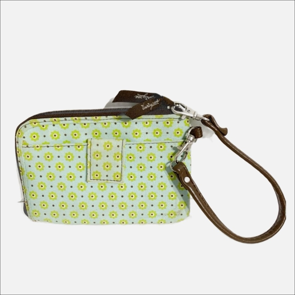 Thirty-One Blue Green Floral Dot Fabric Zip Wristlet Wallet Faux Leather Strap